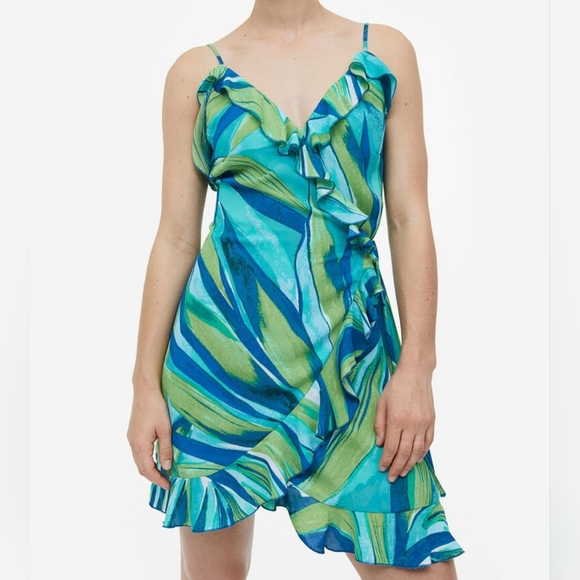 En Saison Blue Green Y2K Style Wrap Ruffle Mini Party Dress Anthropologie Medium - Picture 9 of 9